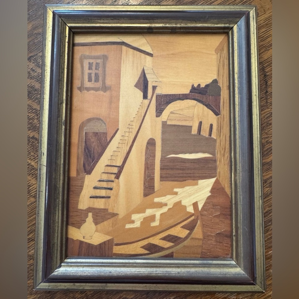 Vintage Wood Marquetry Inlay Picture Art Scenic Town Italy